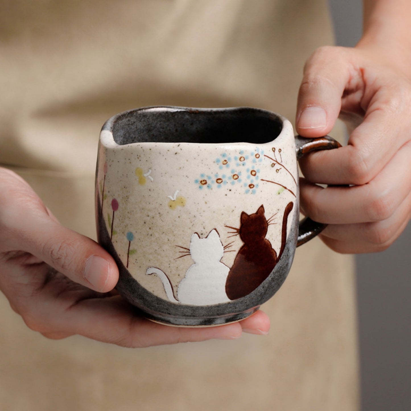 Handmade Wood Fired Teacup Named Flower and Cat Best Gift For Kung Fu Tea Ceremony or Coffee Time